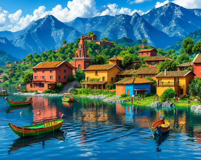 3D digital illustration of a vibrant Latin American lakeside village with colorful houses, boats, and blue mountains. | PrintPosters.in